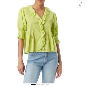 New Sam Edelman Athena Embroidered Ruffle Top Apple green women XL floral cotton
